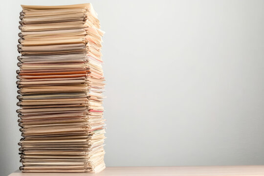 Towering stack of file folders on wooden desk against gray background