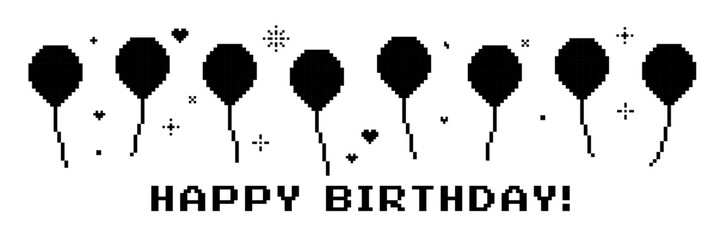 Happy Birthday balloon banner. Ballon thread icon set line. Y2k vintage event decoration pixel design. Pixel art. Party, celebration horizontal background. Vector illustration. Game abstract element © Mariia