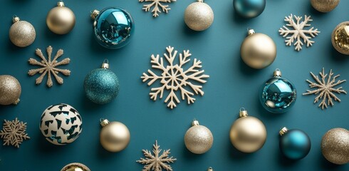 A black background embellished with golden snowflakes and spheres