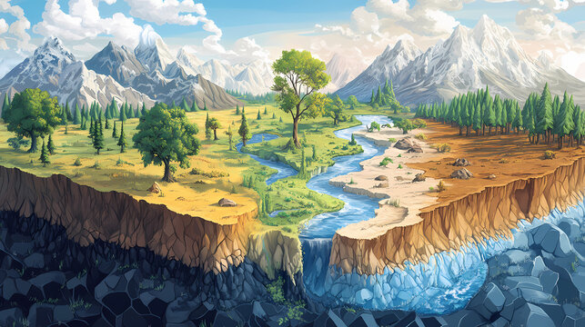 Visual aid on terrestrial biomes detailing characteristics of major biomes like tundra desert tropical rainforest and temperate grassland with maps and climate diagrams. Tundral. Illustration