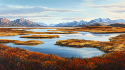 Obraz premium Wetland tundra landscape with lakes in autumn colors in nome alaska usa. Tundral. Illustration
