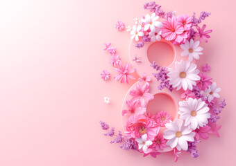 Artistic floral composition featuring delicate pink and white blossoms in the shape of number 8 for Women's Day.