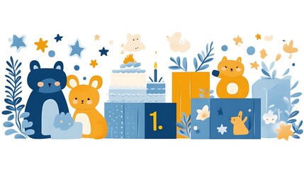 Cute animals celebrating a first birthday with cake and gifts.