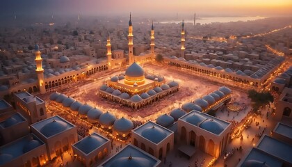 Fototapeta premium Grand Mosque Illuminated Night Aerial View Golden Domes Cityscape