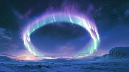 Northern lights creating a natural arch over the snowy expanse of a tundra. Tundral. Illustration