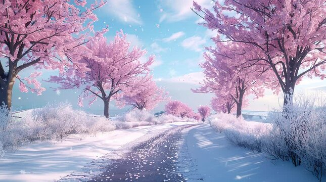 Snowy pathway with blooming sakura trees creating a serene winter landscape  
Seamless looping 4k time-lapse virtual video animation Generated AI
