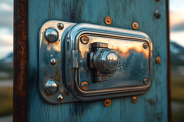 A close-up view of a travel trailer door with sleek metallic details, a secure lock, and a scenic reflection of mountains and sky, symbolizing freedom and adventure.	