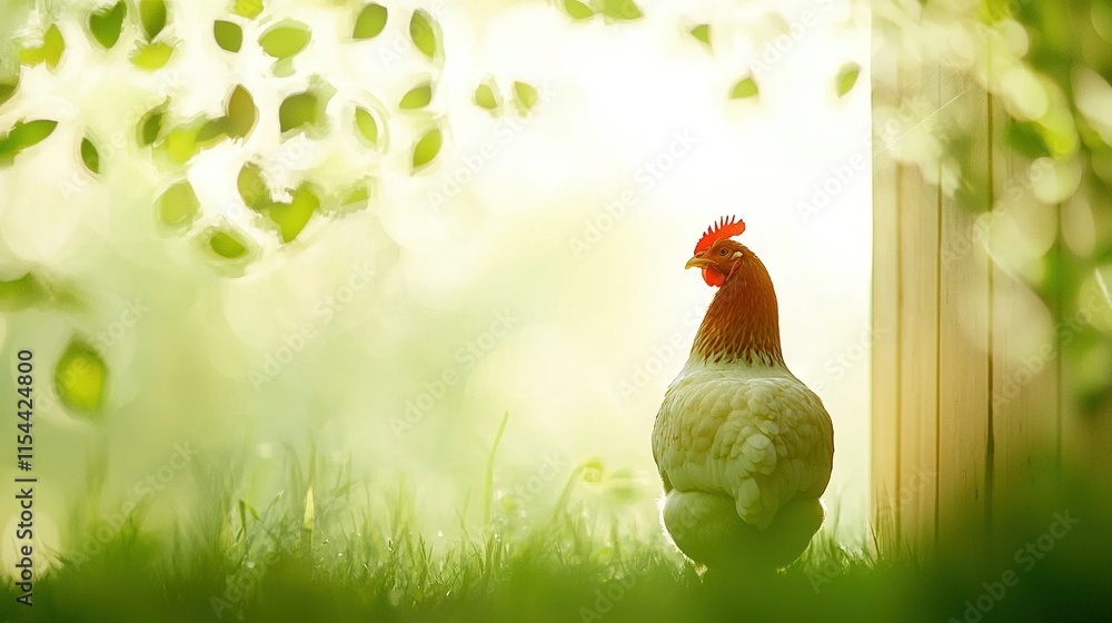 Poster a close-up of a chicken in a grassy field beside a window with a tree in the background