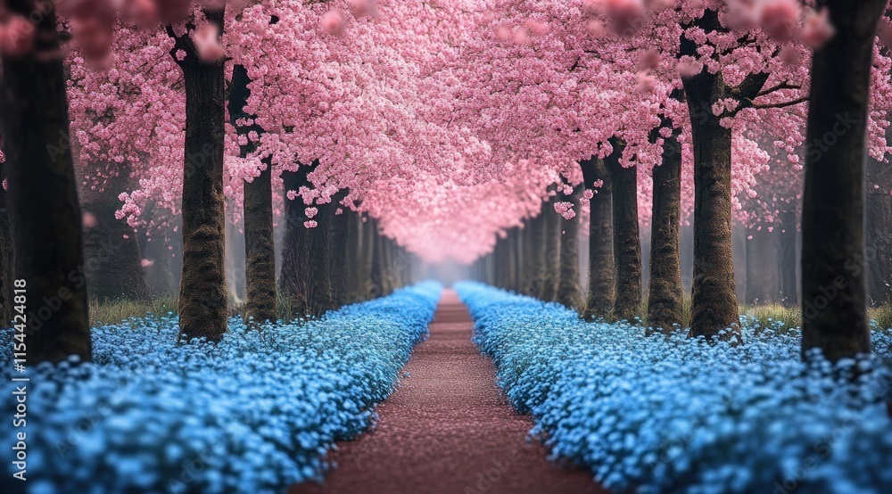 Wall mural Pink cherry blossom trees line a path bordered by blue flowers.