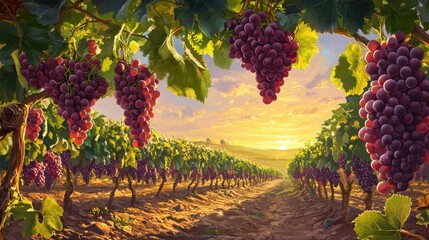 Vi&ntilde;edo al atardecer con uvas