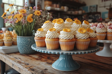 A cozy neighborhood fundraiser with a bake sale table, colorful cupcakes, handmade crafts, and friendly interactions between locals, fostering a sense of community and goodwill.	