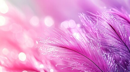 Obraz premium Pink feathers with dew drops, bokeh background.