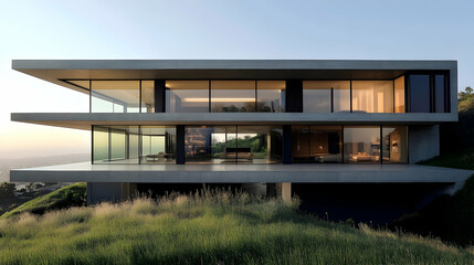 Fototapeta premium Contemporary hillside mansion in Los Angeles California with floor-to-ceiling glass walls and panoramic views