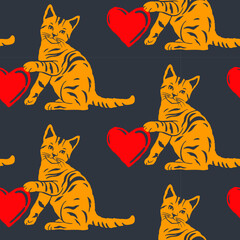 Lovely Mischievous Yellow Cat Puppy with Big Red Heart Seamless Vector Pattern, for Valentine and Cats Moms 