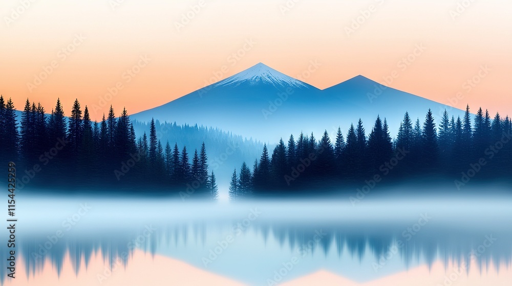 Poster a mountain with a lake in the foreground and trees in the foreground, surrounded by a foggy sky in t