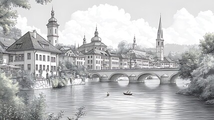 Fototapeta premium Monochrome illustration of a picturesque European town with a stone bridge spanning a river, boats, and buildings.