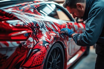 Custom car with vibrant artwork on display in an automotive workshop