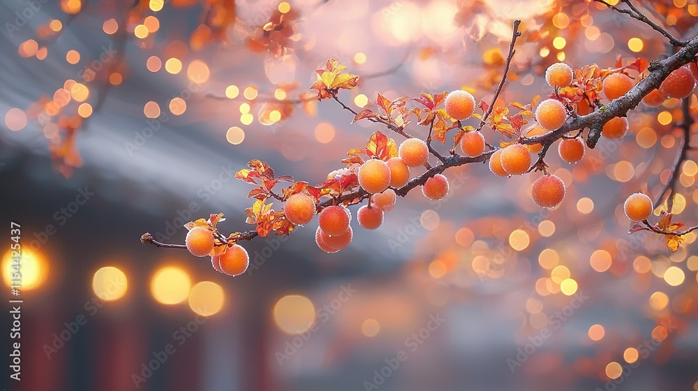 Poster close-up photo of a tree branch with fruit dangling from its branches against a blurred background