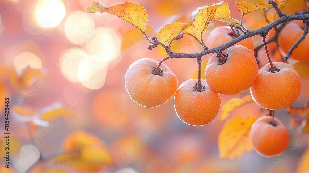 Poster a sharp image of numerous fruits dangling from a tree limb amidst leafy foliage, with a soft backgro
