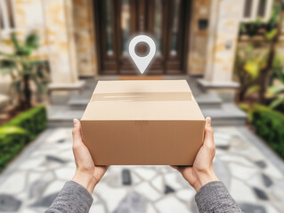 Delivery person holds a package outside a modern home with a location pin graphic