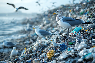 a landfill site filled with heaps of garbage, with seagulls flying overhead and a smoky haze in the background, showcasing the crisis of waste management

