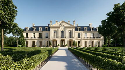 Elegant French chateau in Bordeaux France with symmetrical design and sprawling vineyards