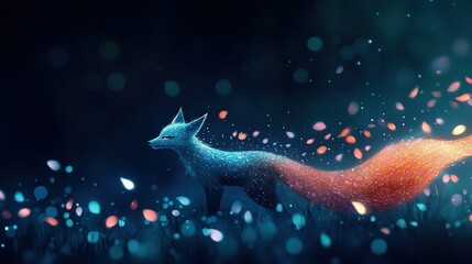   A painting depicts a fox positioned against a field of green grass, radiating illumination from its rear