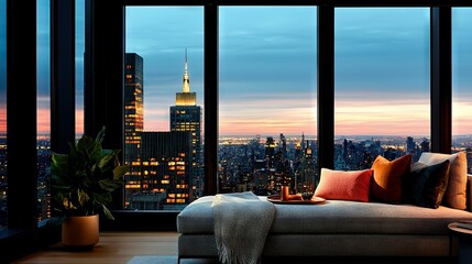   A cozy living room featuring a couch and panoramic city views at dusk, captured from a high-rise building
