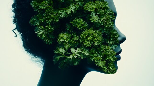 Silhouette of a woman's face adorned with vibrant green parsley leaves, creating a striking visual metaphor for natural beauty and healthy living.
