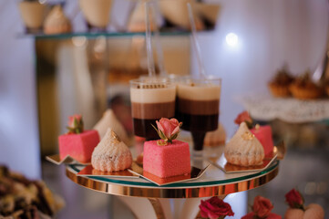 Elegant Dessert Display with Pink Cakes and Chocolate Mousse