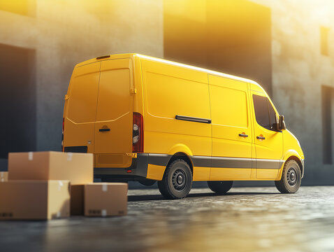 Yellow delivery van parked on a city street with cardboard boxes waiting for shipment during afternoon sunlight