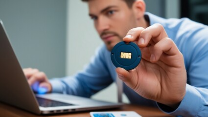 Cybersecurity Professional Holding Hardware Security Token for Two-Factor Authentication with Laptop in Background