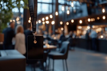 Naklejka premium A close-up of a sleek event badge hanging amidst a lively social atmosphere, capturing the essence of engagement, participation, and networking experiences.