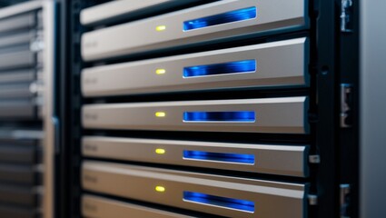 Close-Up of Backup Server with Multiple Drives and Blinking Lights Indicating Active Backup
