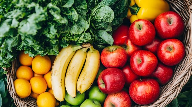 A wicker basket overflowing with fresh produce: red apples, oranges, bananas, green apples, kale, and a yellow bell pepper. A vibrant and healthy harvest. - Powered by Adobe