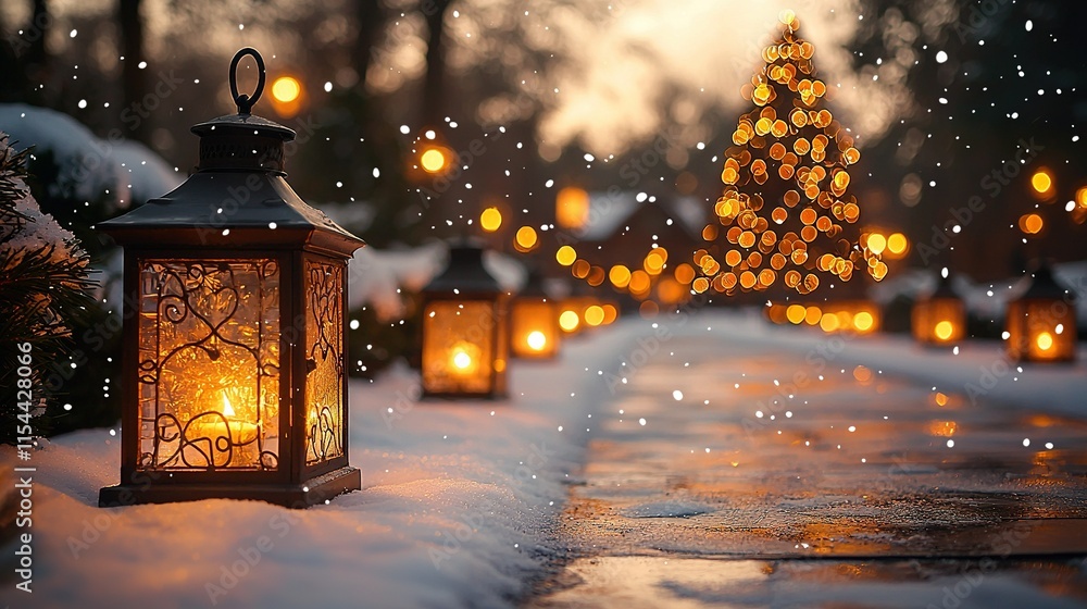 Poster a lit christmas tree sits in the foreground next to a lantern illuminated by snowlight
