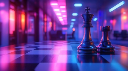 King and rook chess pieces on a neon-lit board.