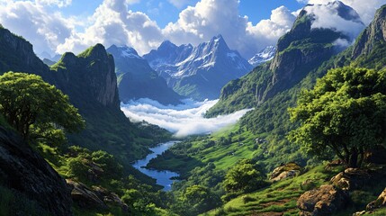 Obraz premium The jungle with mountain, foggy background