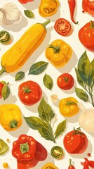 A colorful arrangement of various vegetables and herbs on a light background.