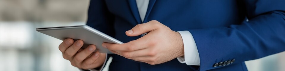 Fototapeta premium A man in a suit holding a tablet. Concept of professionalism and modernity