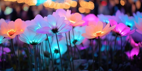 A field of flowers with lights on them. The flowers are in different colors and are lit up