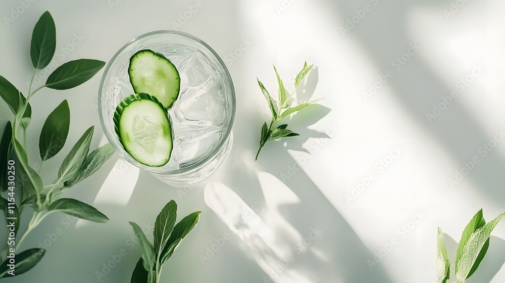 Poster refreshing cucumber water in a glass, garnished with cucumber slices and fresh mint and sage leaves.