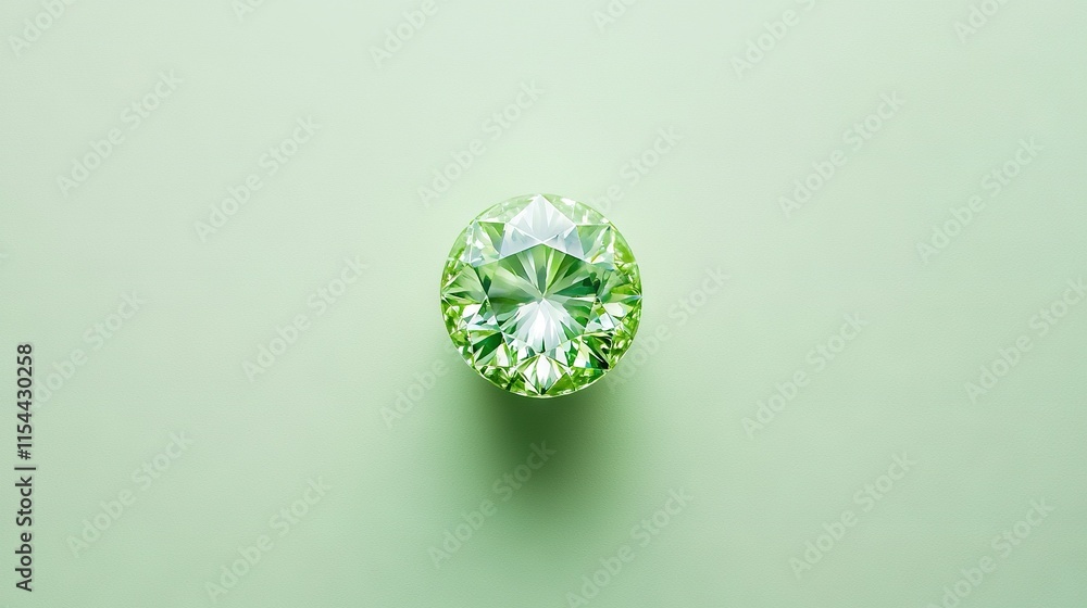Poster a high-resolution close-up of a emerald diamond resting on a verdant background with a subtle mirror