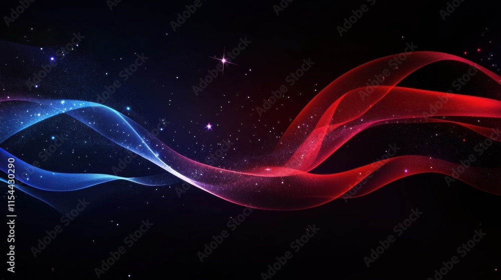 Poster flowing american flag fabric texture with vibrant colors and a cosmic background of stars and gradie