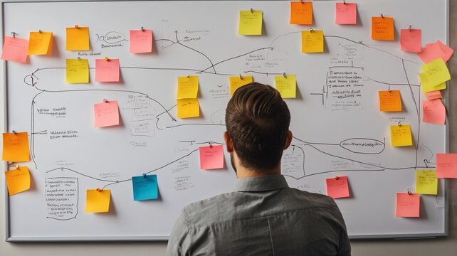 A man looking at the sticky notes on the board