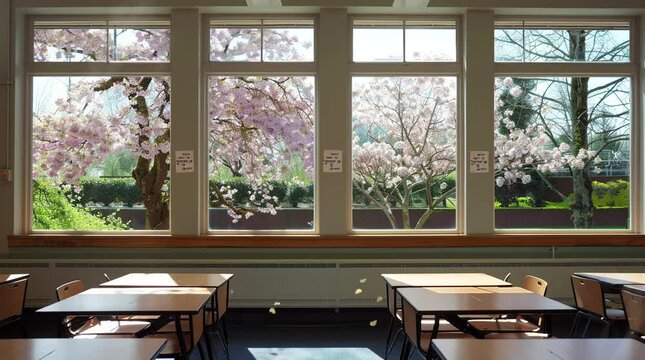 Empty classroom with a large window overlooking blooming sakura trees in spring  
Seamless looping 4k time-lapse virtual video animation Generated AI