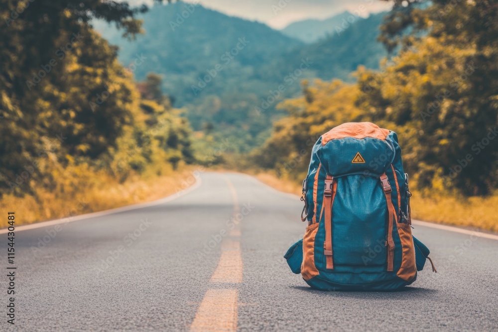 Poster Travelers backpack resting on an empty road surrounded by lush mountains in the late afternoon sunlight. Generative AI