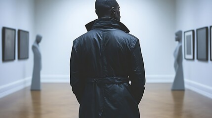 Man in coat viewing art gallery.
