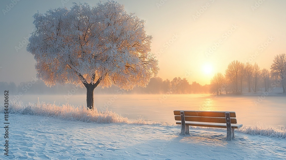 Poster a bench sits in the snow, next to a tree and a body of water with a beautiful sunset in the backgrou