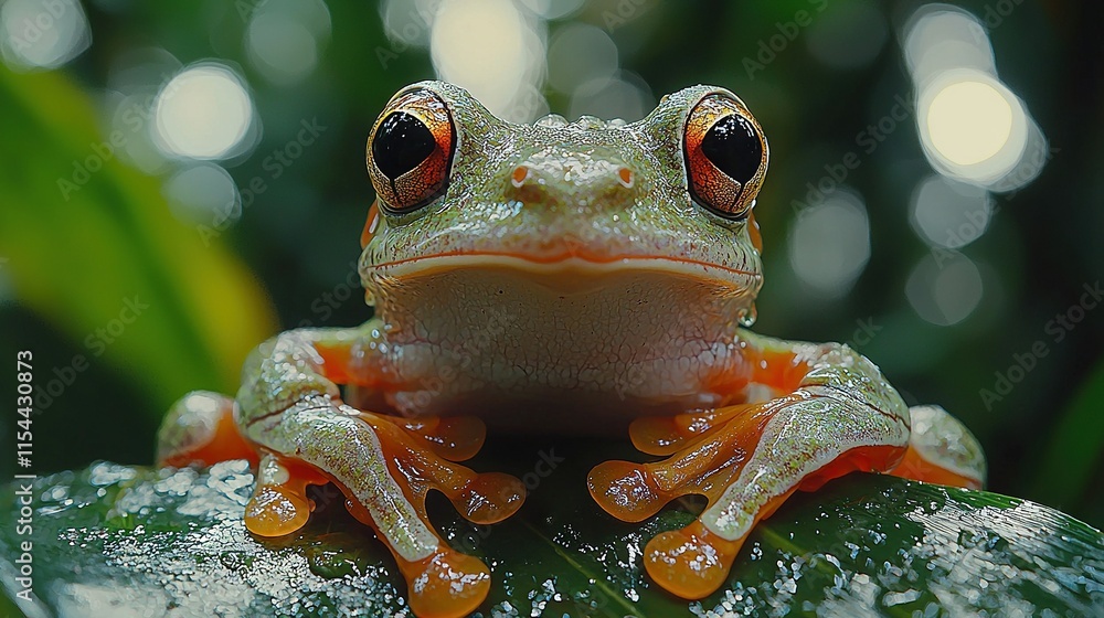 Aufkleber a sharp image of a frog on a leaf with droplets of water on its face and a soft background